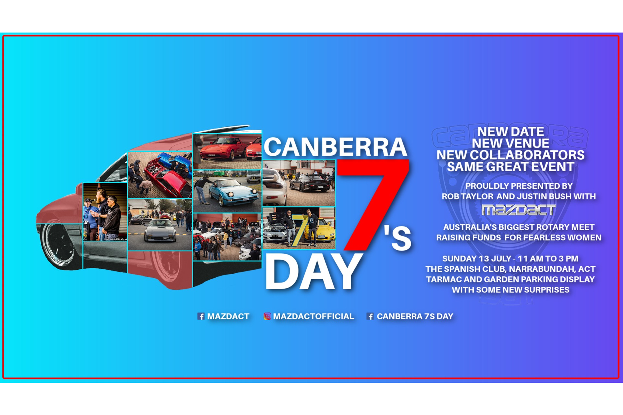 Event poster for Canberra 7's Day car meet featuring rotary cars and event details on a blue gradient background.