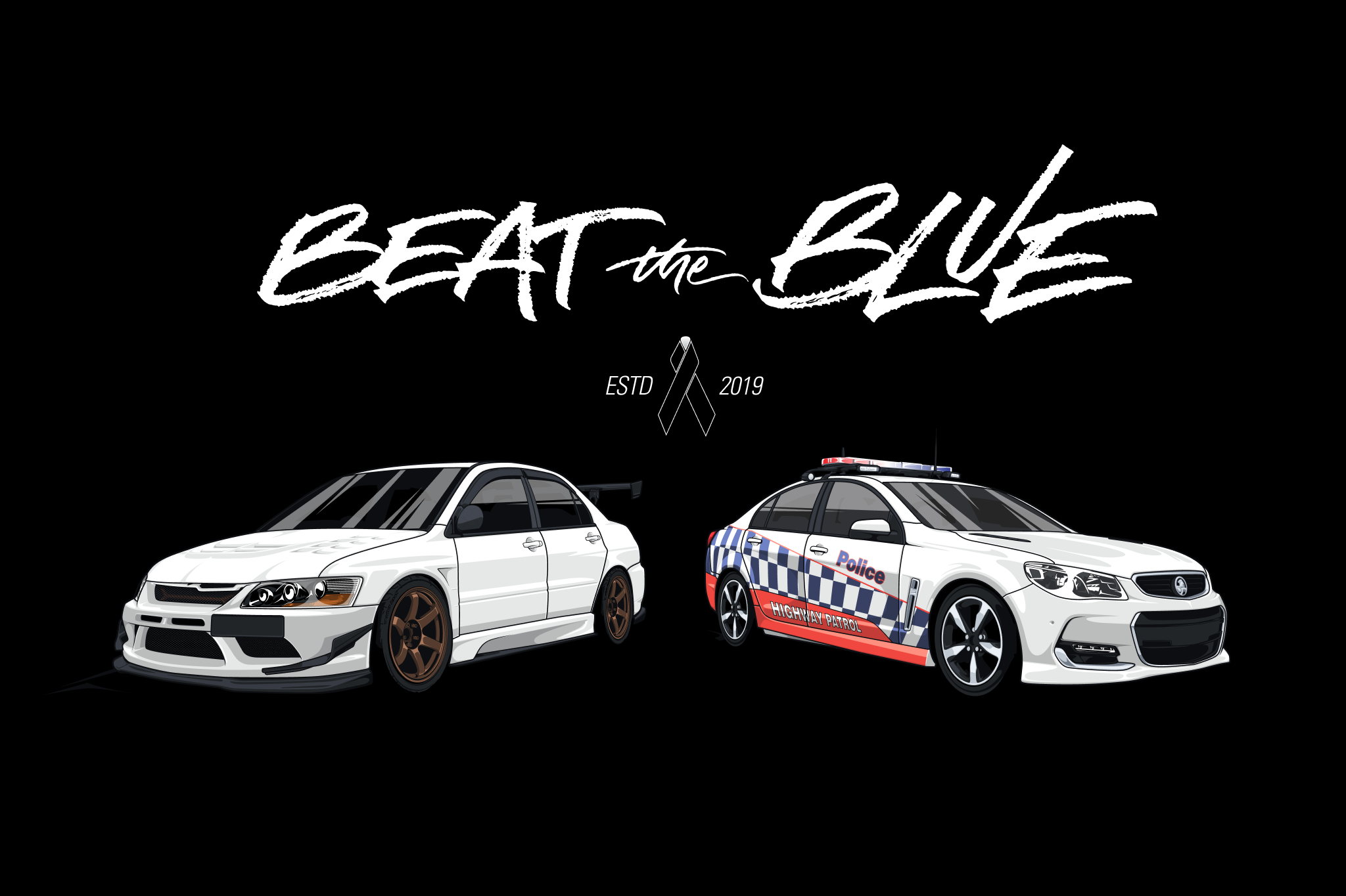 Illustration of a white car and a police highway patrol car with