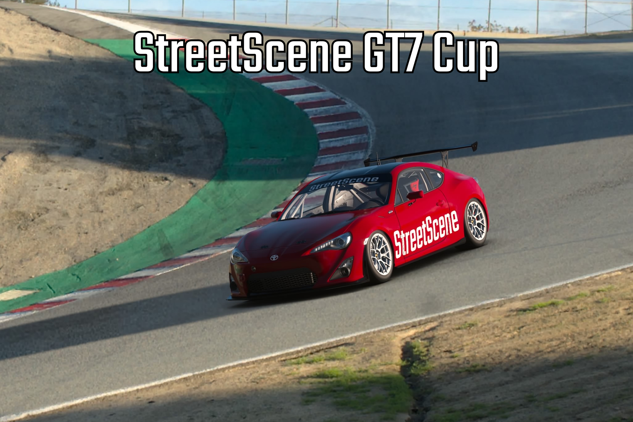 Red StreetScene GT7 race car on a curvy race track with