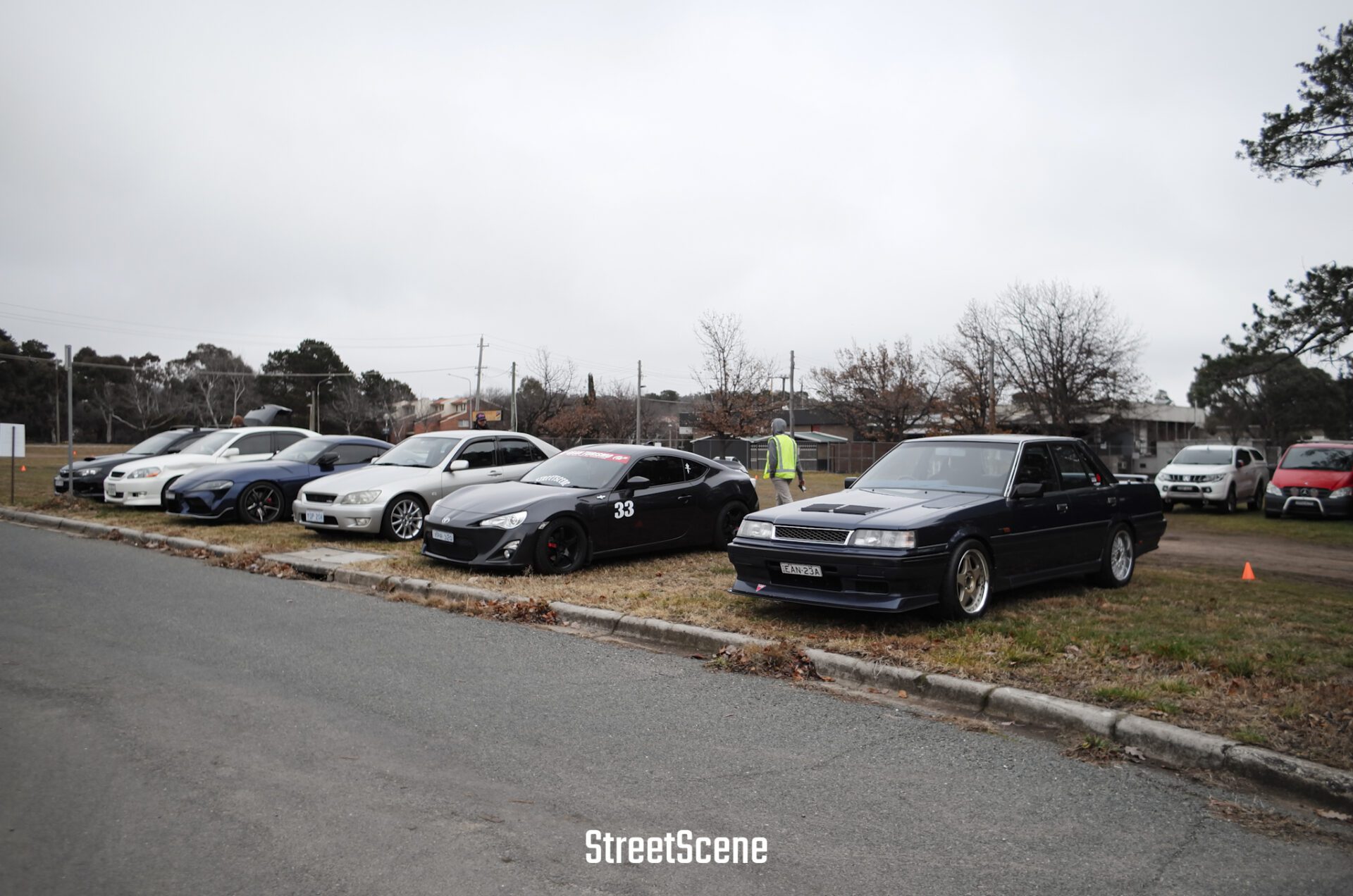 Row of parked cars on grass beside a road, cloudy sky and leafless trees in background.