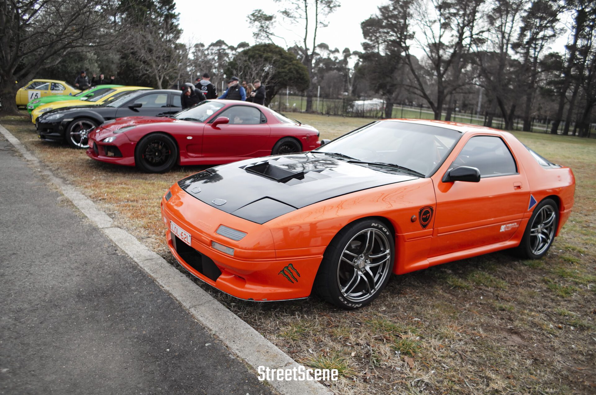 Row of colorful sports cars parked on grass near a road with people in the background.