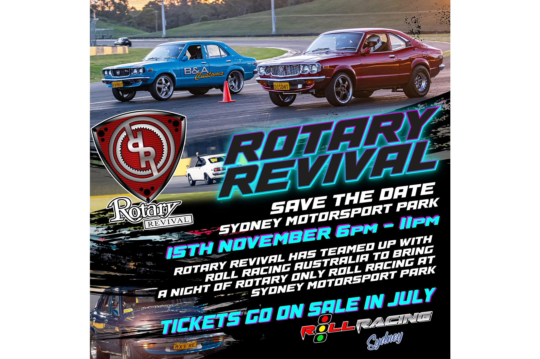Two vintage rotary engine cars drifting on a racetrack promoting the Rotary Revival event.